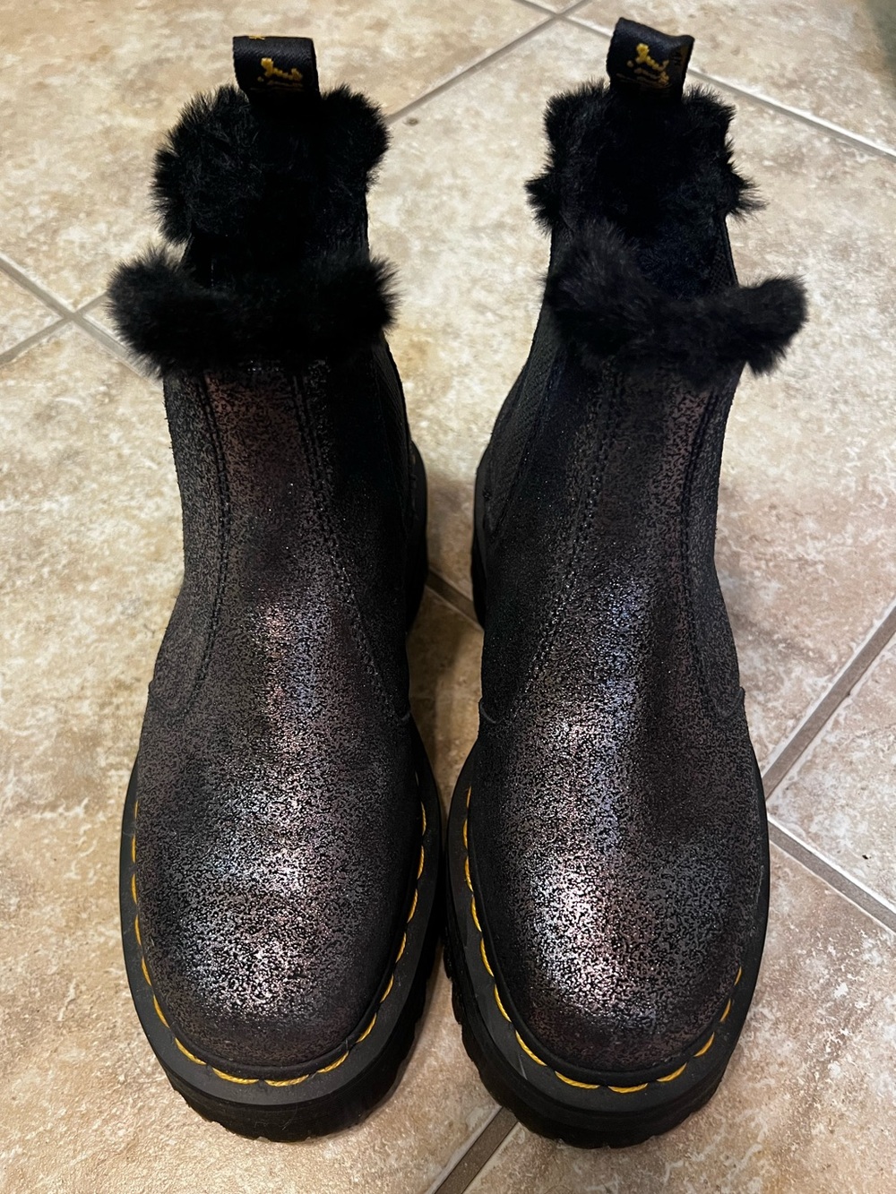 Dr. Martens Black Metallic Chelsea Platform Boots with Faux Fur Trim